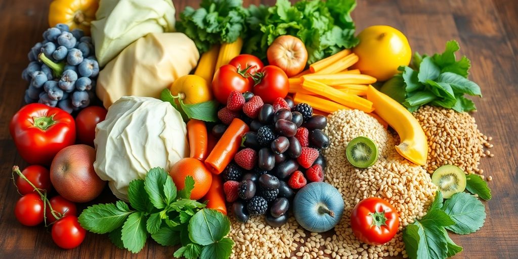 Colorful fruits and vegetables on a wooden table.