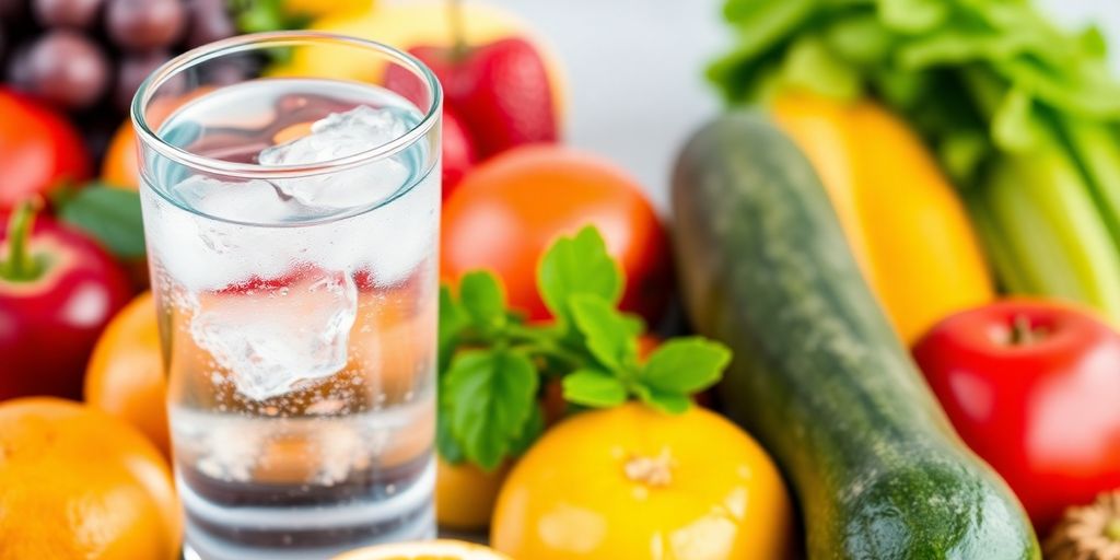 Glass of water with fruits and vegetables around it.