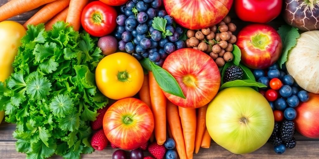 Colorful fruits and vegetables on a wooden table.