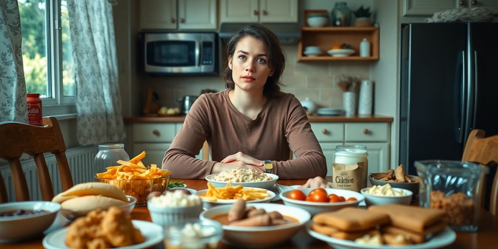 Person contemplating food choices at a kitchen table.