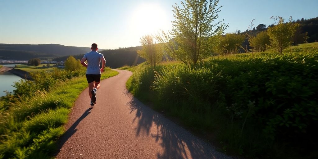 Person jogging in nature, highlighting fitness and wellness.