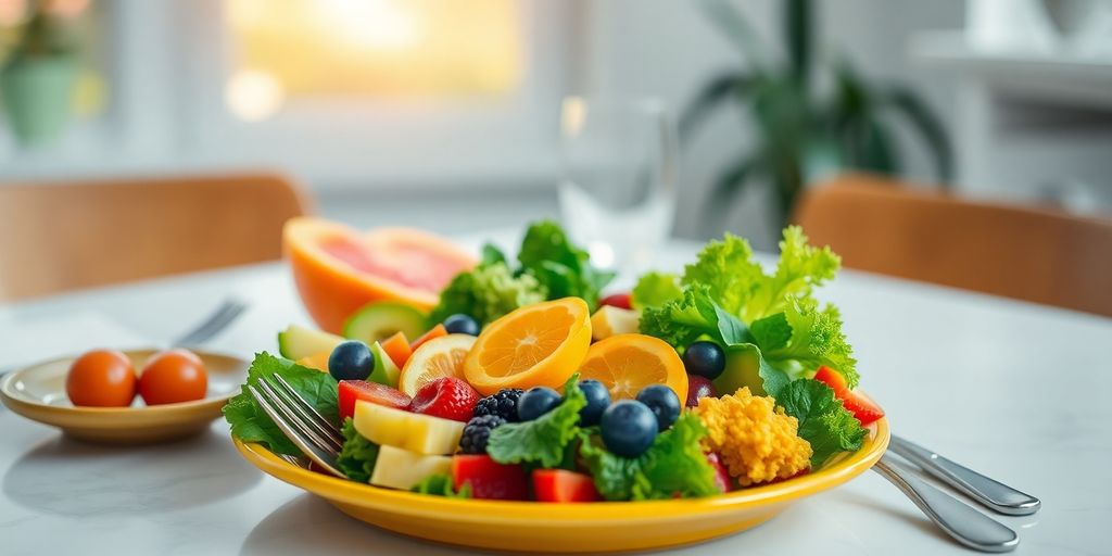 Colorful plate of fresh fruits and vegetables on table.