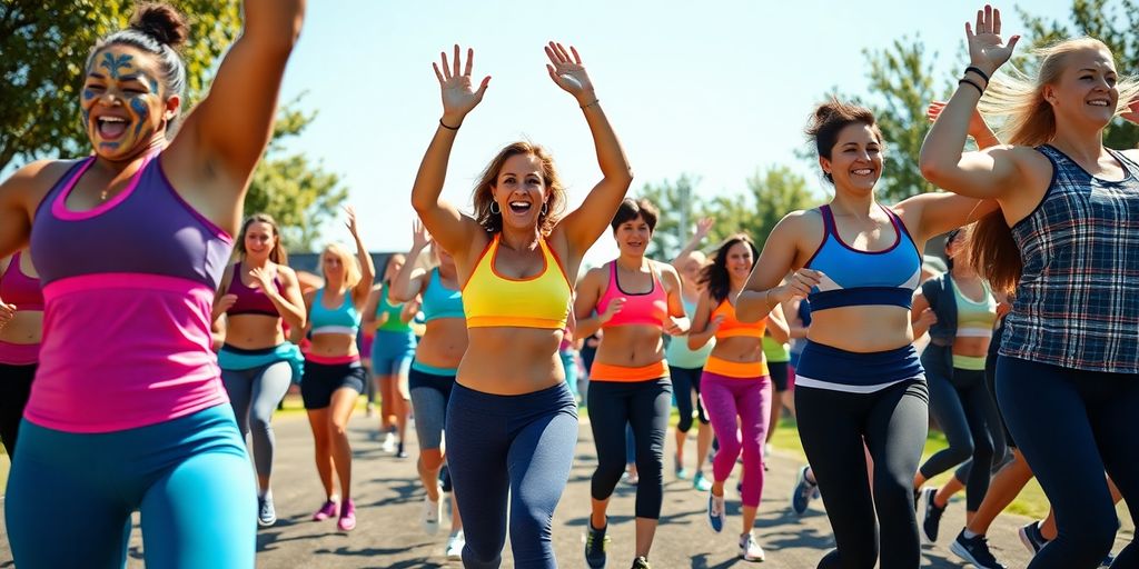 Diverse group exercising outdoors in a sunny park.