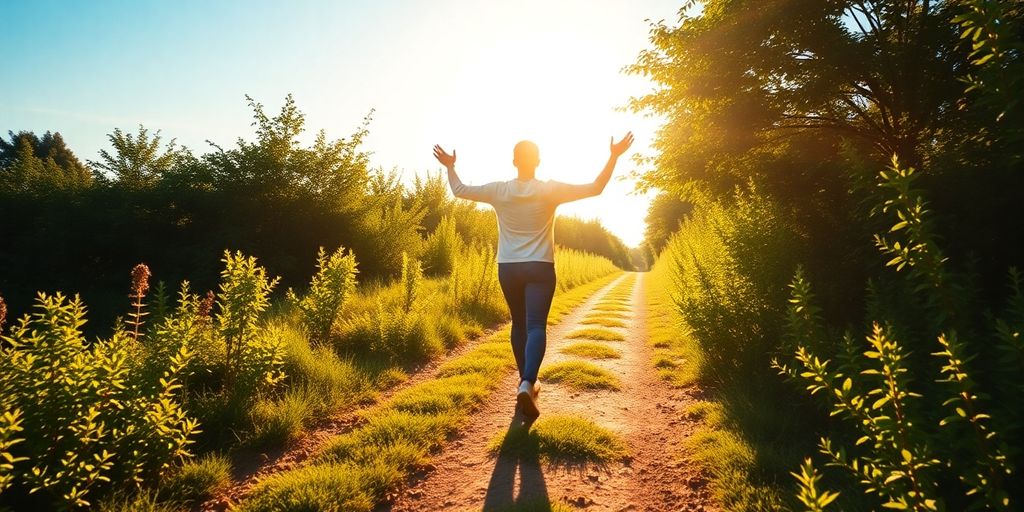 Person walking confidently on a sunny health journey.