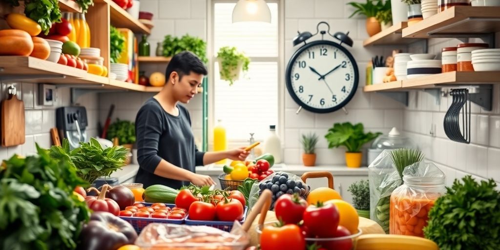 Person preparing healthy meal in a busy kitchen.