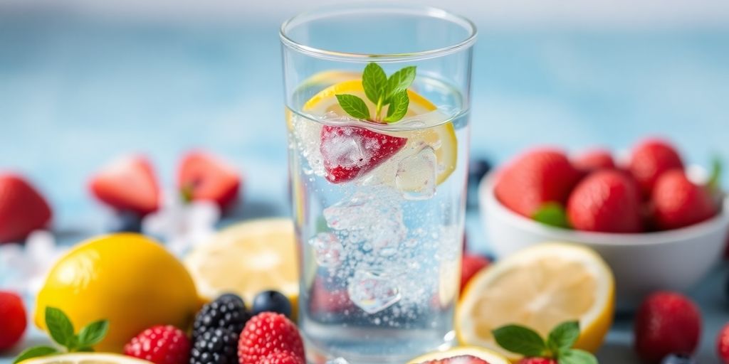 A glass of water with fresh fruits around it.