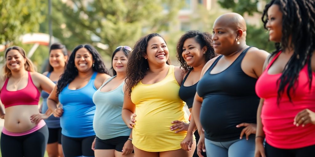 Diverse individuals enjoying fitness together, celebrating body positivity.