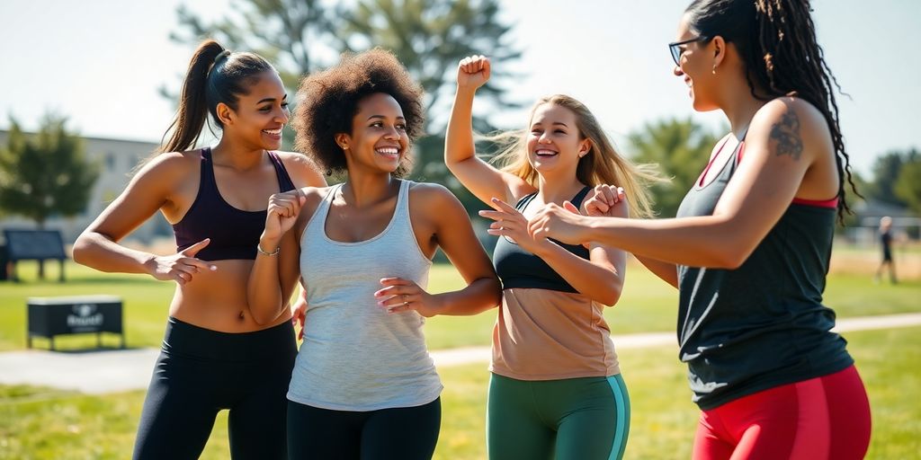 Friends exercising together outdoors, promoting fitness and support.