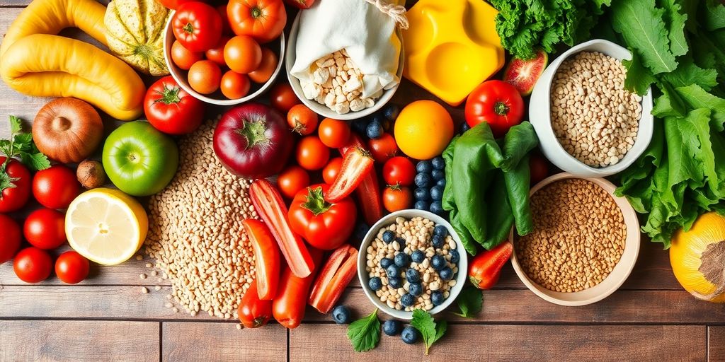 Colorful healthy foods arranged on a wooden table.