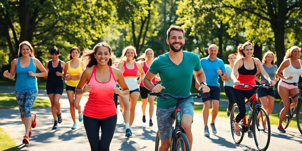 Diverse group exercising outdoors, showcasing energy and motivation.