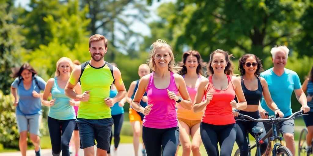 Group of diverse people exercising outdoors together.