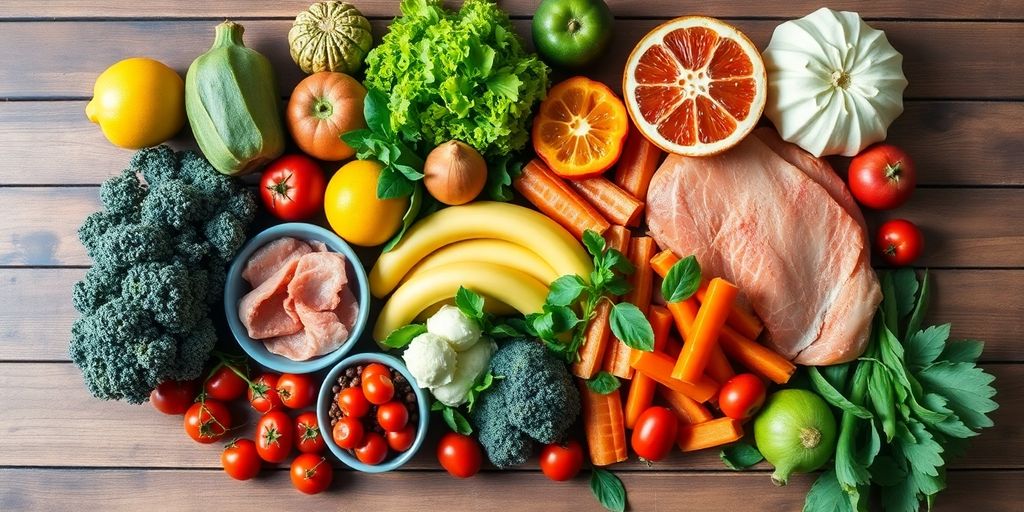 Healthy foods arranged on a table for weight loss.