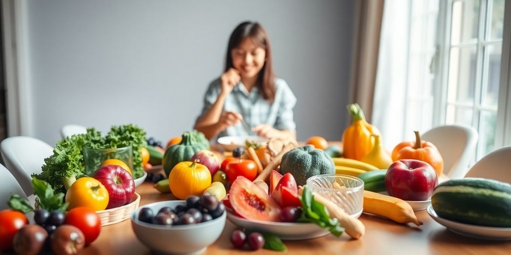 A person enjoying a meal with colorful fruits and vegetables.