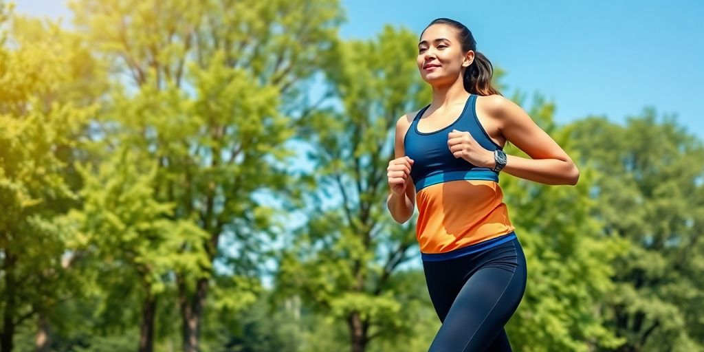 Person jogging in a park with lush greenery.