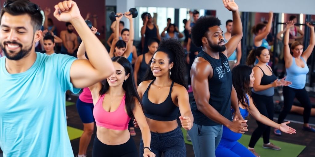 Diverse individuals exercising in a vibrant gym setting.