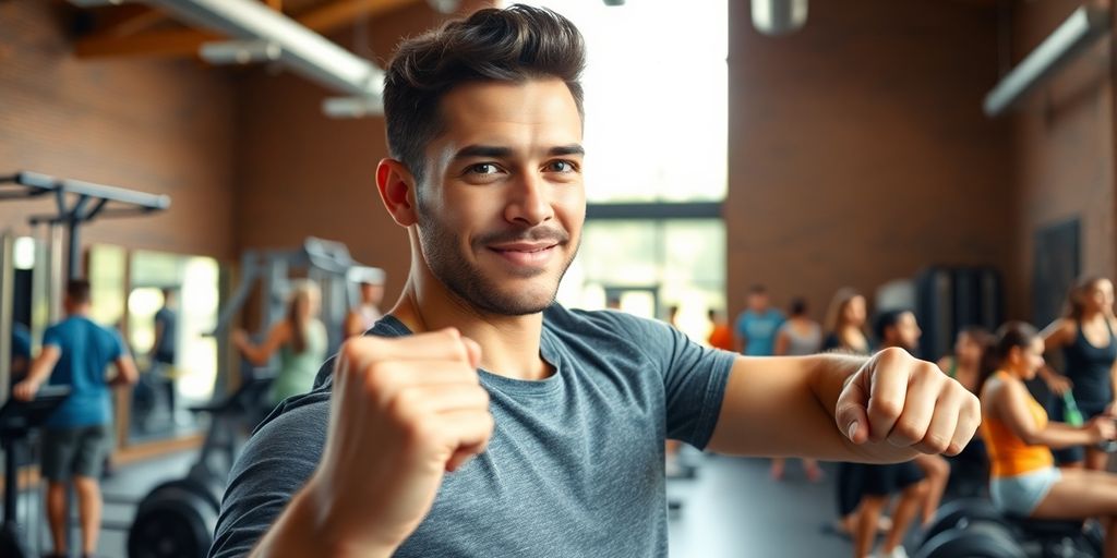 Person confidently working out in a vibrant gym setting.