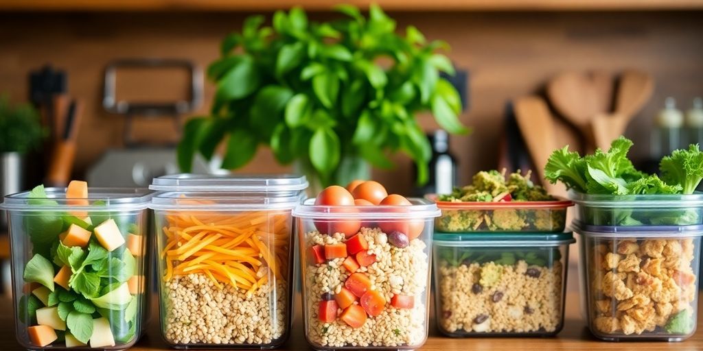 Healthy meal prep containers with fresh ingredients on a table.