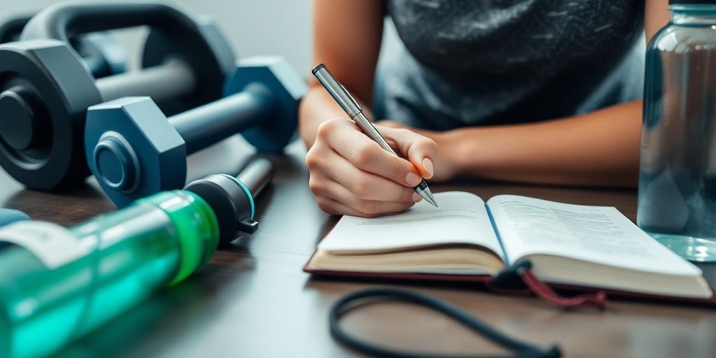 Person journaling with fitness gear in a bright setting.