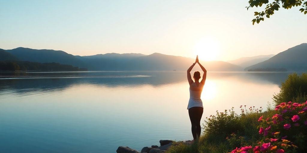 Person doing yoga by a peaceful lake at sunrise.