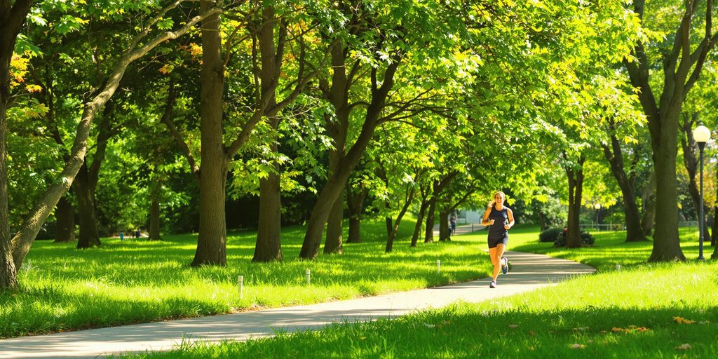 Person jogging in a green park, promoting health and wellness.