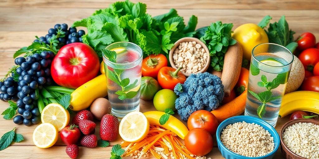 Colorful fruits and vegetables on a wooden table.