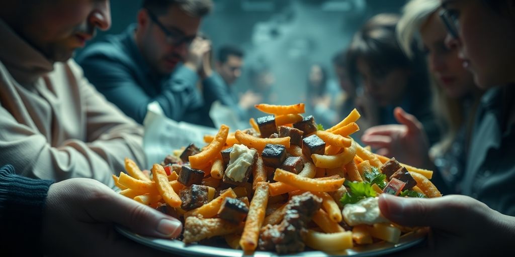 Plate of junk food in a stressed setting.