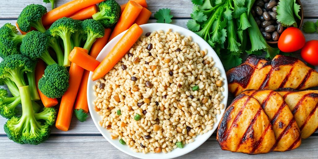 Colorful healthy meal ingredients on a wooden table.