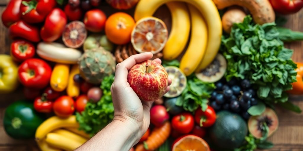 Fresh fruits and vegetables on a wooden table.