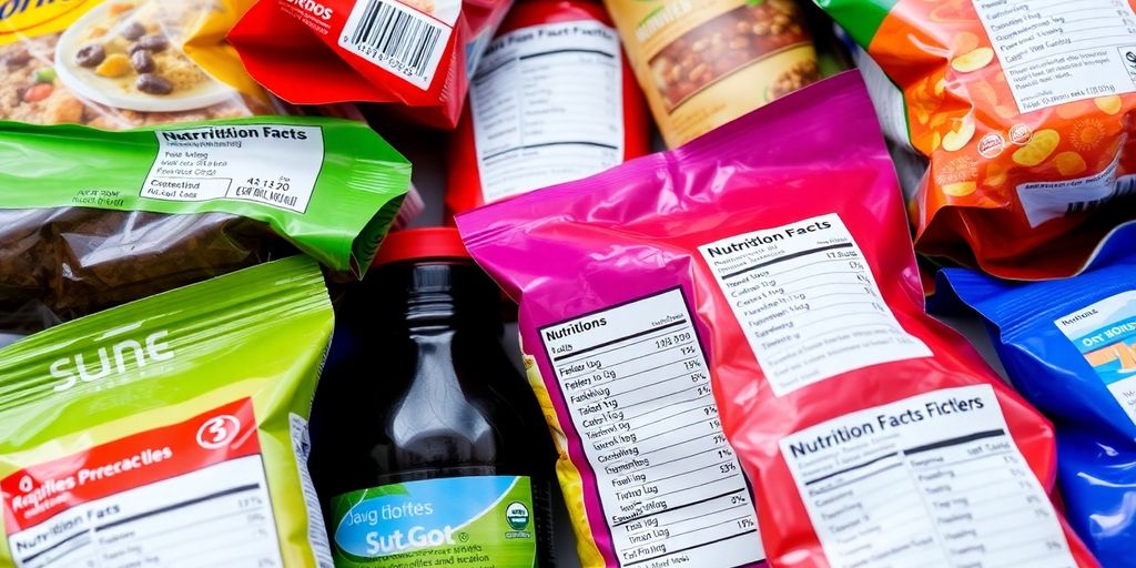 Colorful food products with visible nutrition labels on packaging.