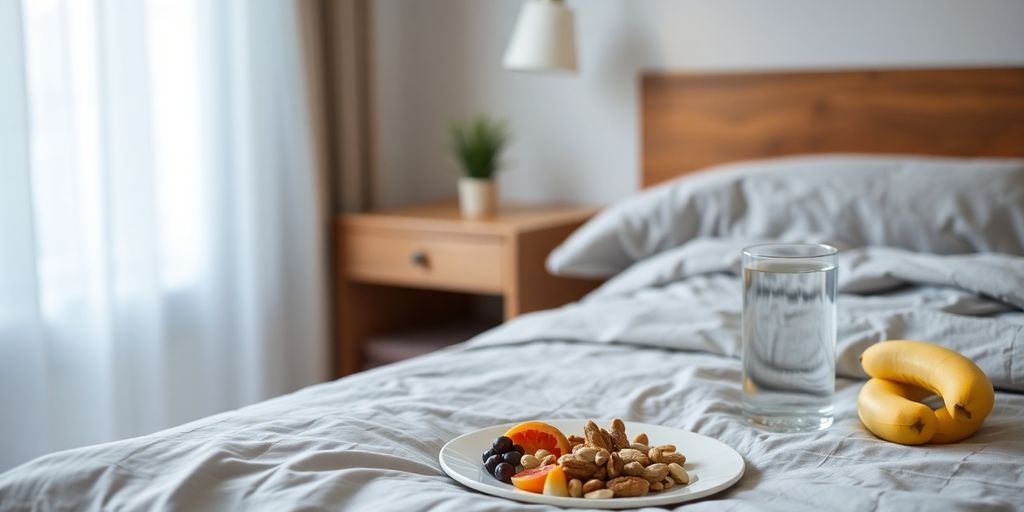 Healthy foods beside a comfortable bed in soft light.