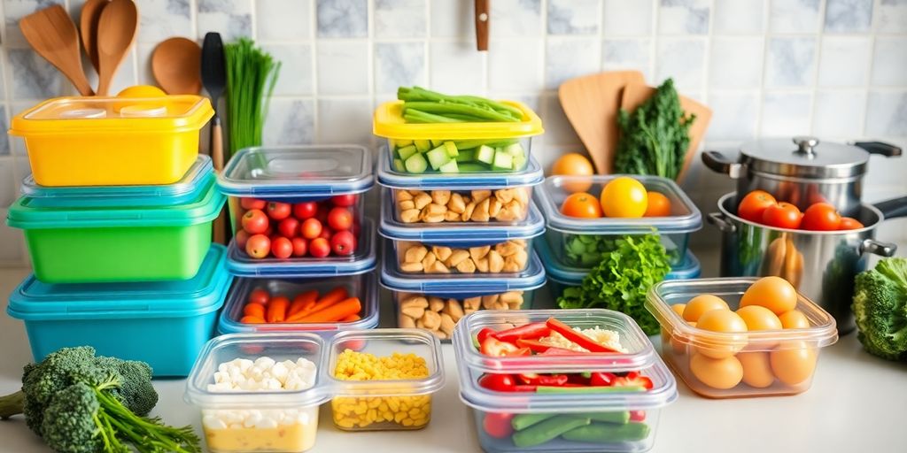 Colorful meal prep containers and fresh vegetables on a counter.