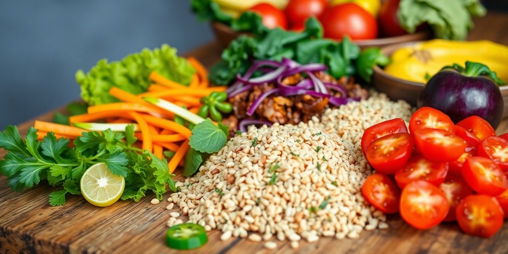 A colorful healthy meal on a rustic wooden table.