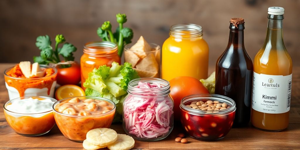 Variety of fermented foods on a wooden table.