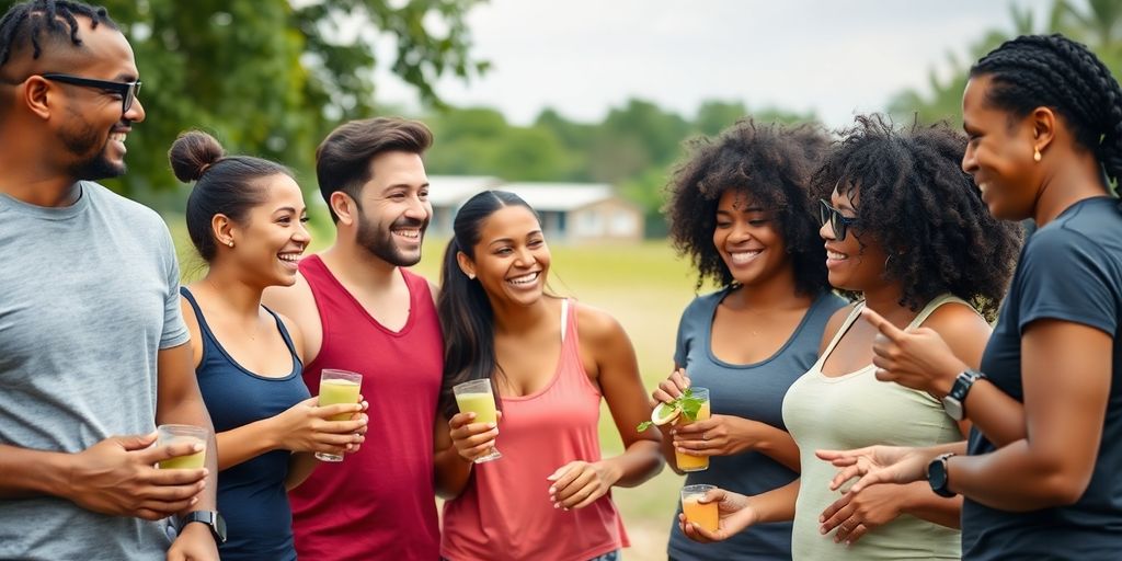 Diverse friends support each other in a fitness activity.