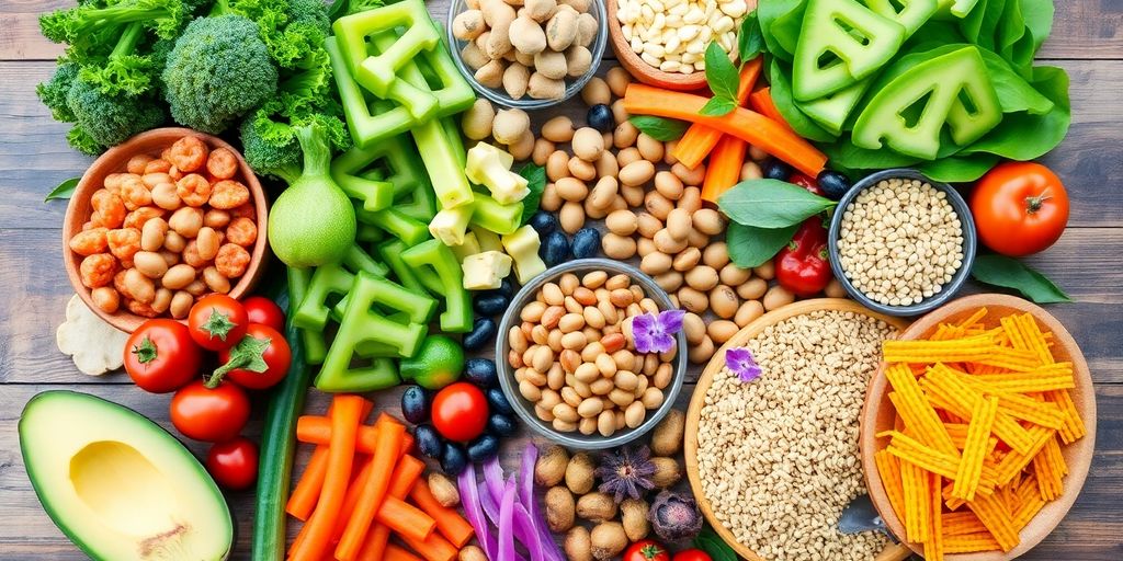 Assorted plant-based foods on a wooden table.
