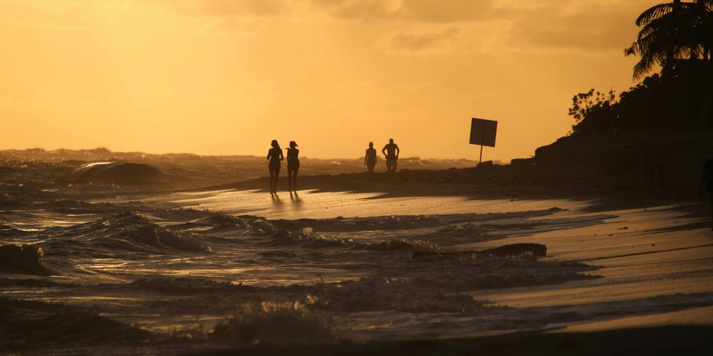 silhouette of people walking on beach during sunset