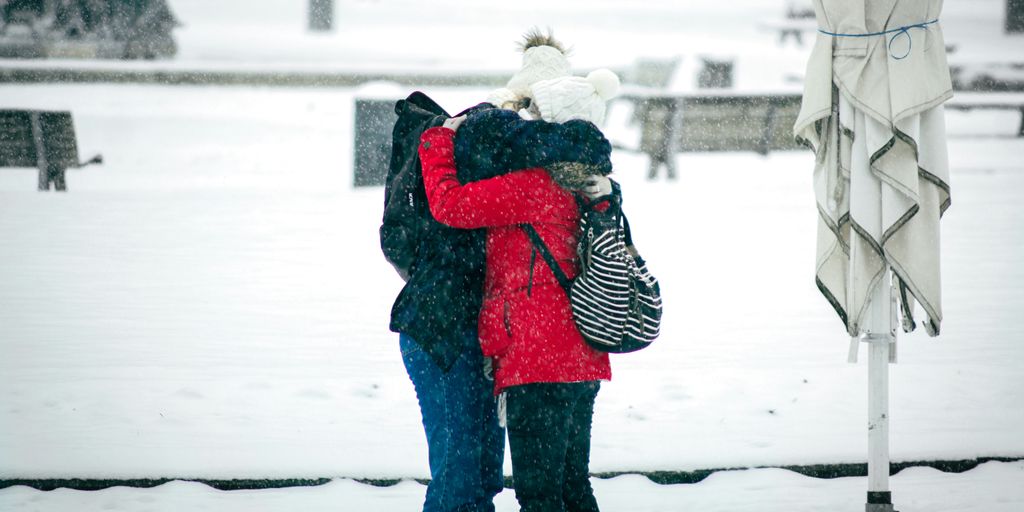 person in red and black jacket and black pants carrying white dog on snow covered ground