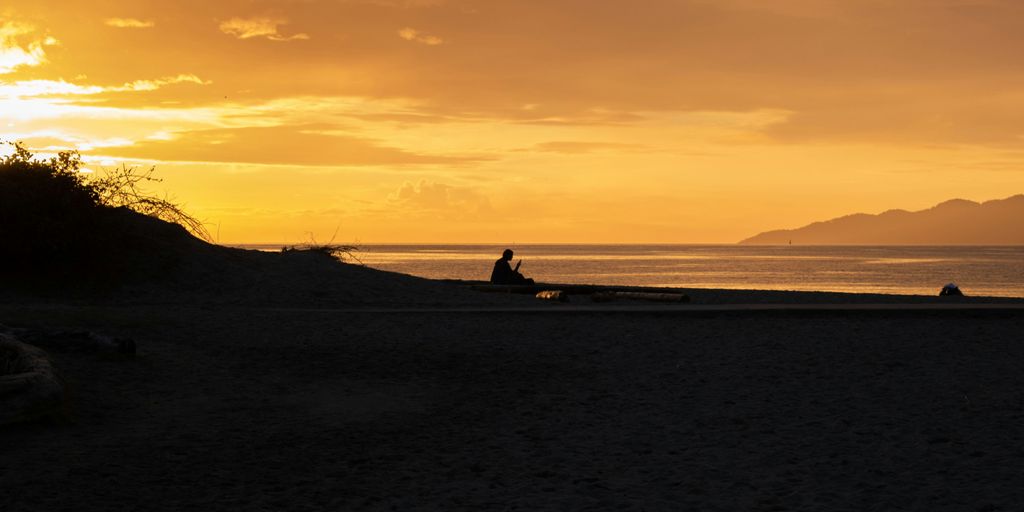 silhouette of man sitting on beach during golden hour