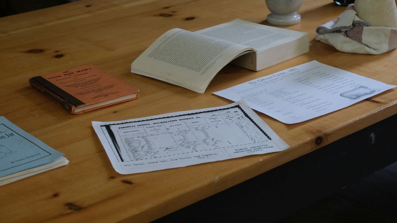Books and papers are arranged on a wooden table.