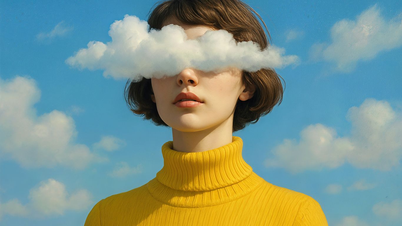 A woman has clouds blocking her eyes.