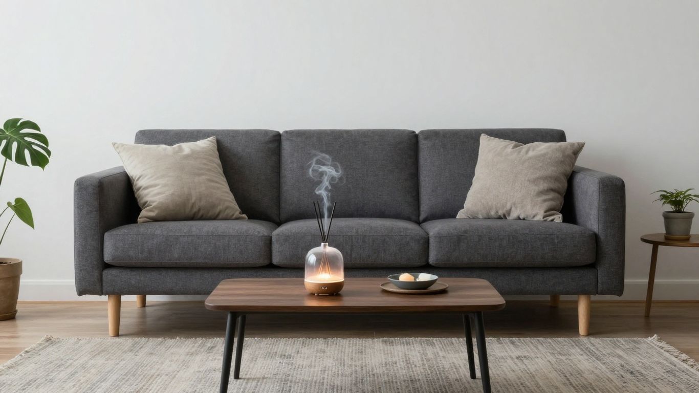 Cozy living room with warm light, plants, and calming decor.