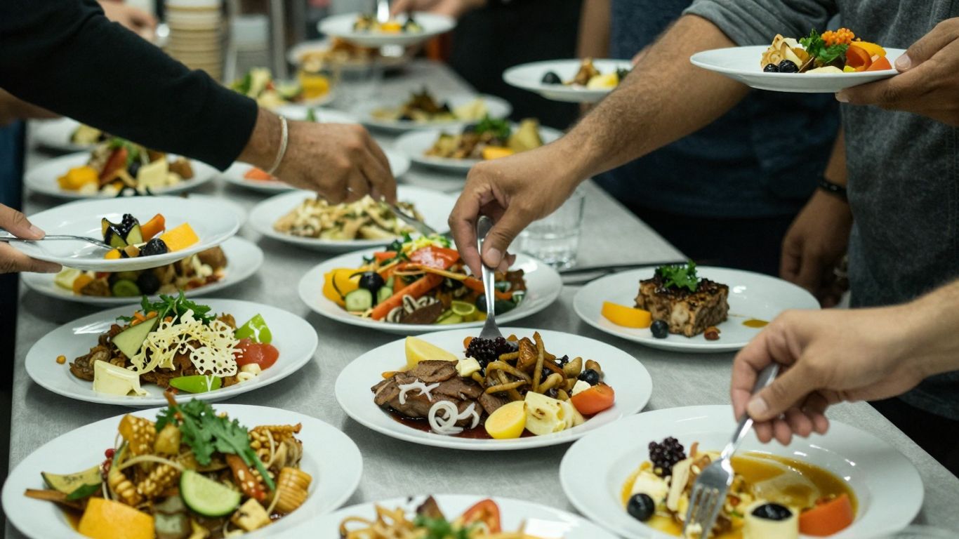 Buffet table with diverse dishes and guests serving themselves.