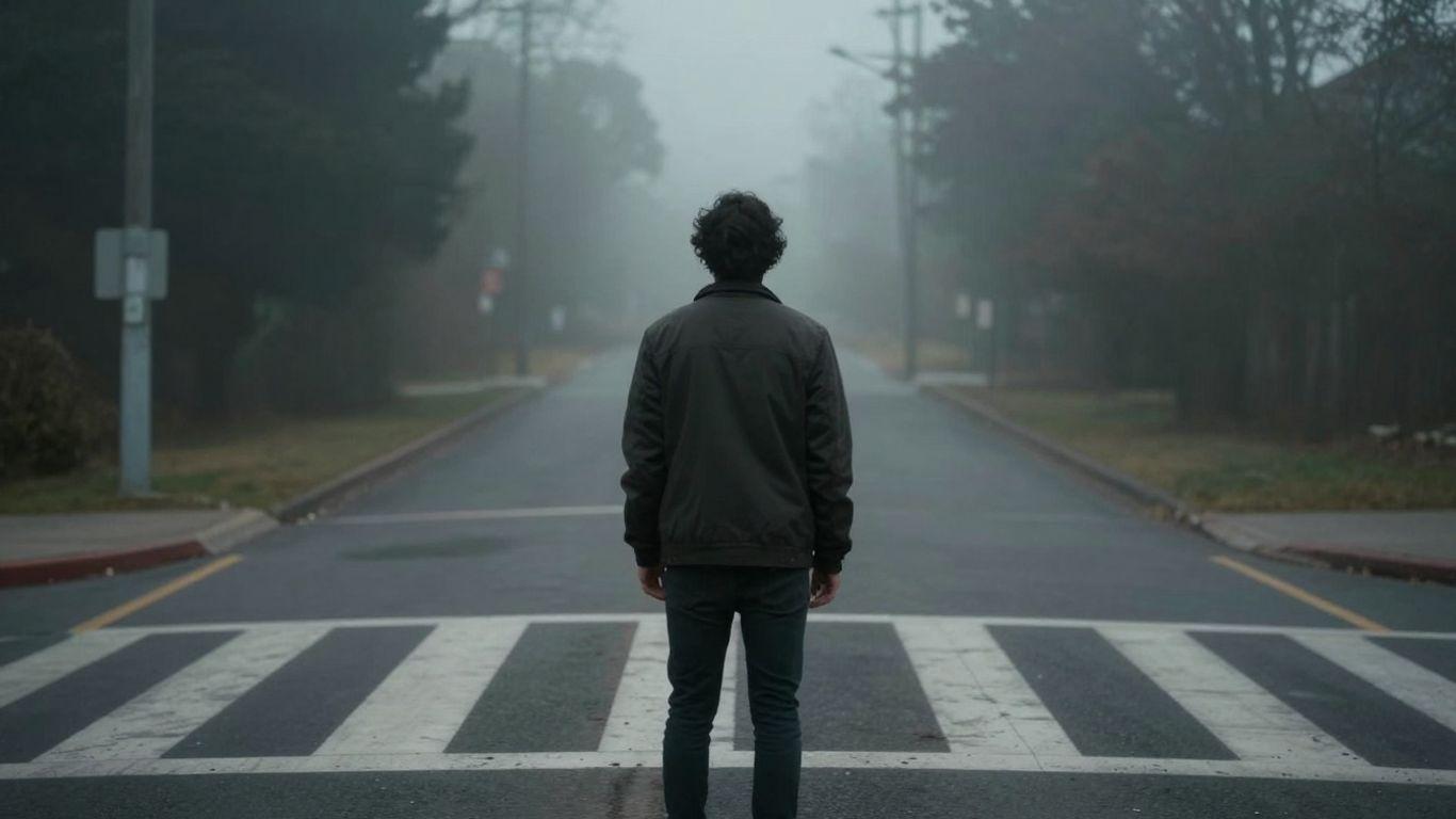 Person at a crossroads facing an uncertain future path.