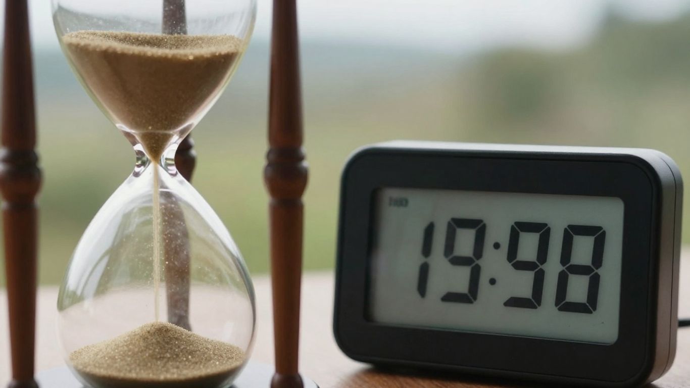 Hourglass and digital timer with a nature scene background.