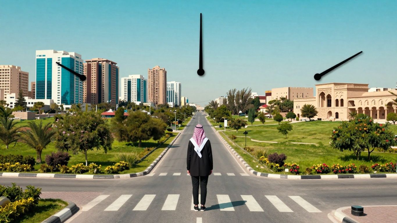 Person at a crossroads with clock hands, past and future.