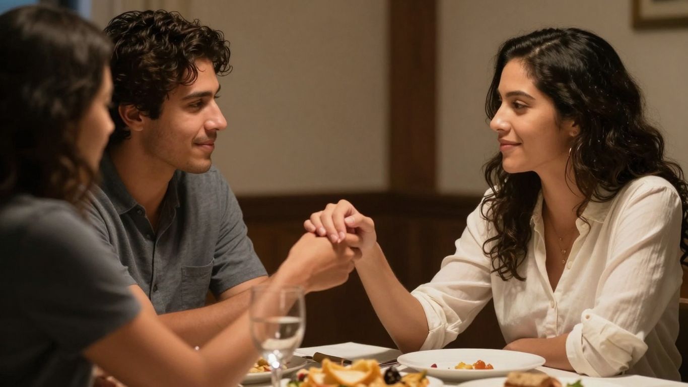 Couple reconciling at a dinner table before eating.