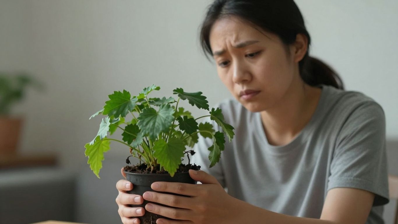 Caregiver looking tired, holding a wilting plant.
