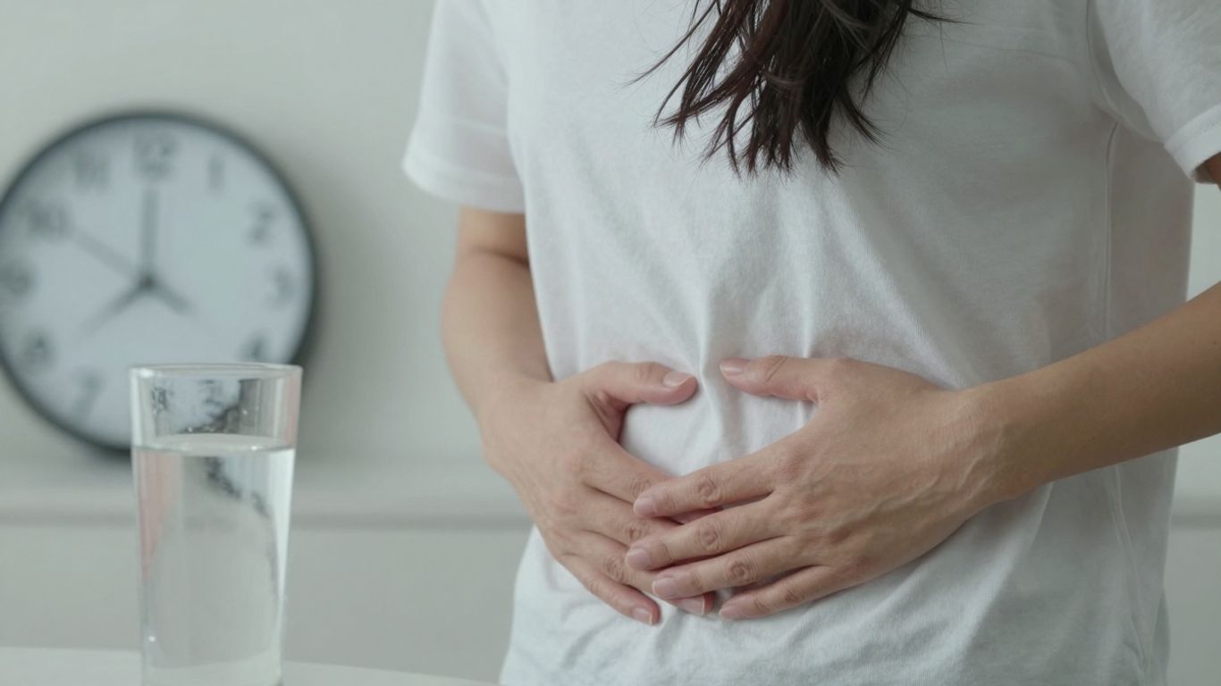 Person considering hunger, with water and clock elements.