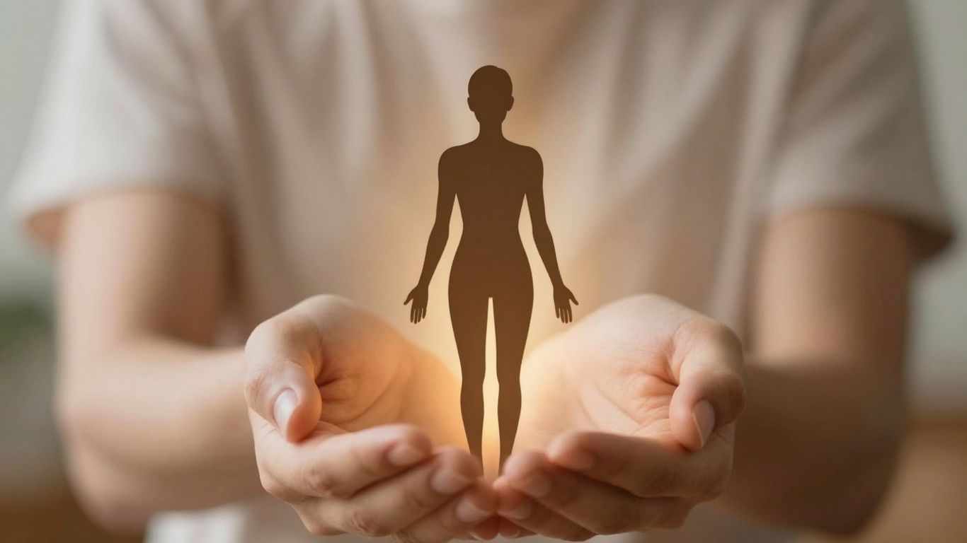 Hands gently holding a body silhouette in warm light.