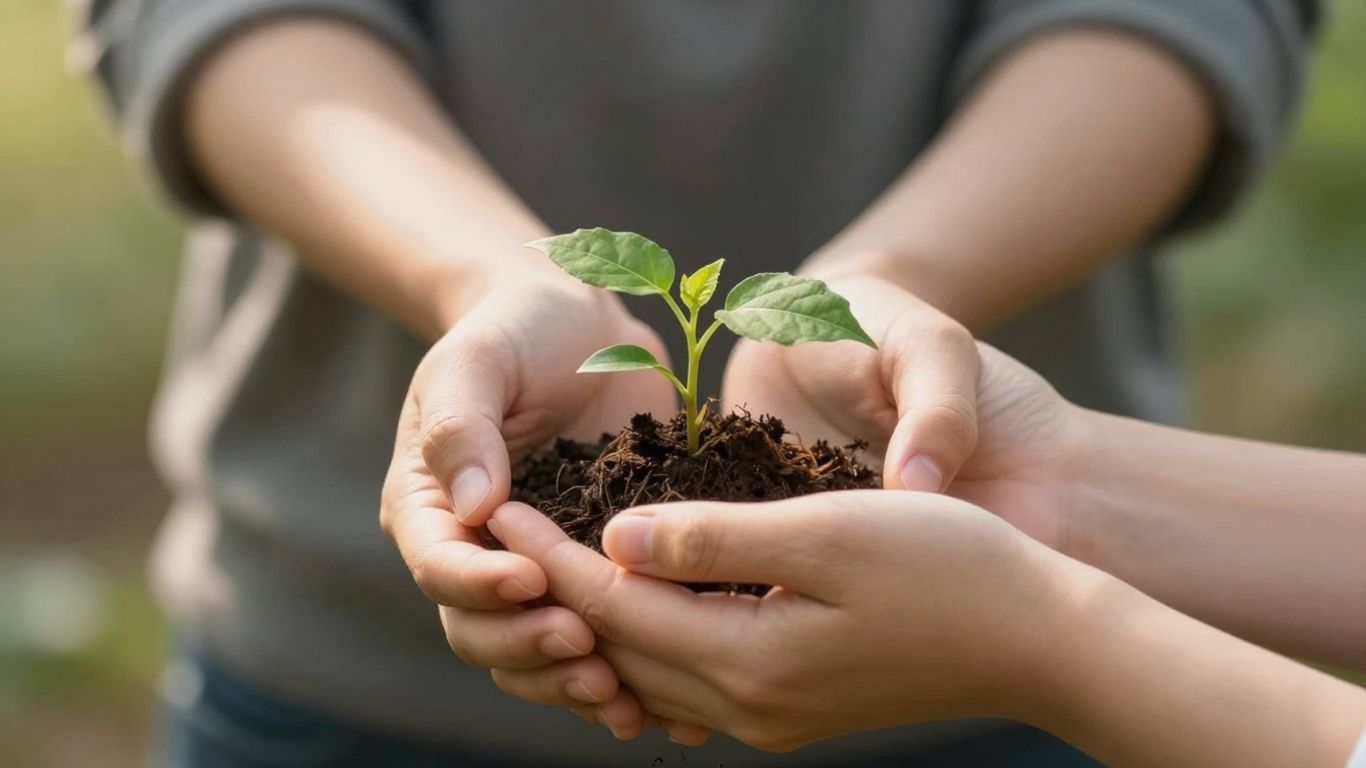 Hands gently holding a small, growing plant.
